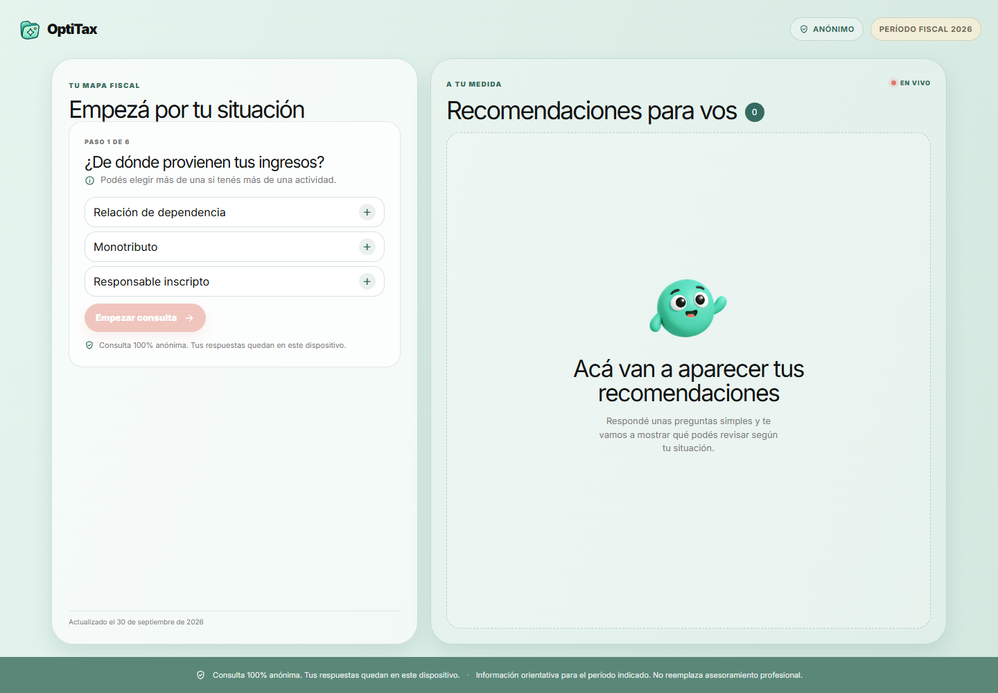 OptiTax muestra una guía impositiva paso a paso y recomendaciones personalizadas, de forma anónima.